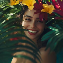 Poster - Beautiful Woman with Yellow and Red Flowers in Her Hair Smiling, Portrait.