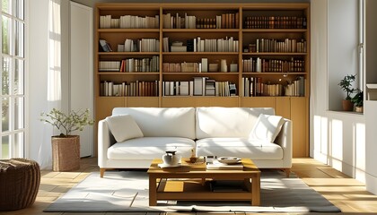 Canvas Print - Warm and Inviting Living Room with White Sofa, Coffee Table, and Bookshelf Illuminated by Soft Sunlight