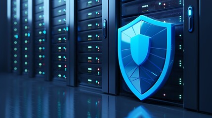 A modern data server with a blue security shield representing protection and cybersecurity in digital technology.