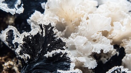 A close up of a bunch of white and black coral