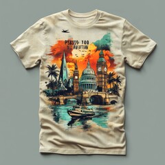 Sticker - A colorful graphic t-shirt featuring iconic landmarks and a boat.