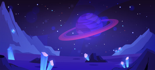 Wall Mural - Alien landscape with towering mountains and scattered sparkling crystals under a starry sky.