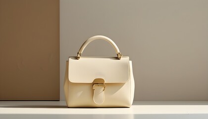 Elegant cream handbag with gold buckles against a sleek minimalist backdrop