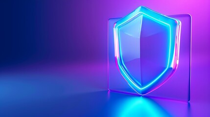 A modern neon shield icon representing digital security and protection isolated on a colorful gradient background.