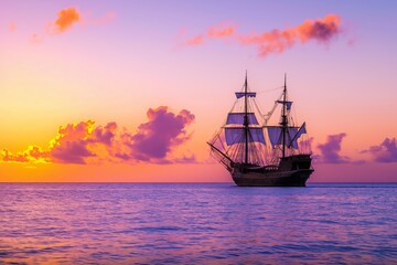 Wall Mural - A large ship sails in the ocean at sunset. The sky is filled with clouds and the water is calm. The scene is serene and peaceful