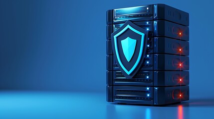 A modern server with a blue lighting and security shield, symbolizing data protection and advanced technology.