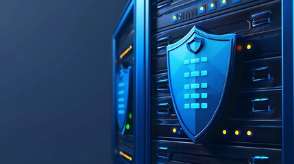 A modern server with a blue security shield symbolizing advanced data protection and cybersecurity.