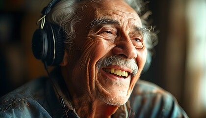 Canvas Print - Joyful senior engaging with technology, laughter illuminated by bright light in a close-up shot capturing high emotion and connection