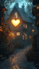 Poster - A cozy, illuminated street scene with a heart-shaped lantern.