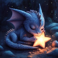 Poster - A cute blue dragon cherishing a glowing star in a serene setting.