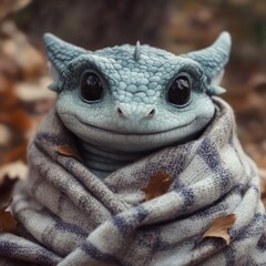 Sticker - A cute creature wrapped in a blanket, smiling in a natural setting.