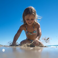 Poster - Happy little girl playing in the sand on a sunny beach.