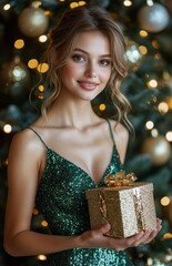 Beautiful woman in green sequined dress smiling while holding gift near decorated Christmas tree