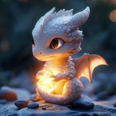 Poster - A cute dragon holding a glowing crystal in a mystical setting.