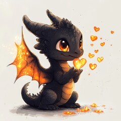 Sticker - A cute dragon holding a glowing heart, surrounded by floating hearts.