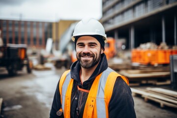 Wall Mural - Portrait of a smiling young male Caucasian construction worker on site