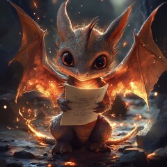 Wall Mural - A cute dragon holding a note in a mystical setting.