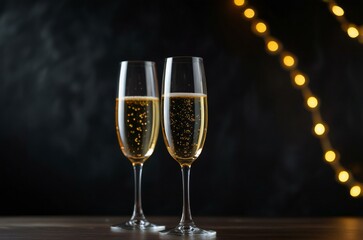 Wall Mural - two glasses of champagne on black background