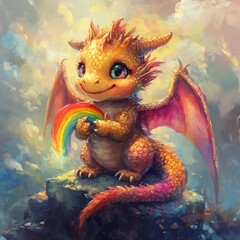 Sticker - A cute dragon holding a rainbow, surrounded by a colorful sky.