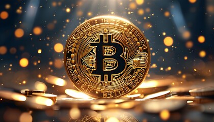 Golden bitcoin shining brightly in a digital currency realm, embraced by a radiant halo of light