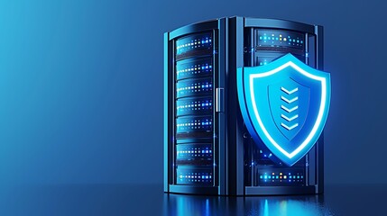 Wall Mural - A stunning digital illustration of a server cabinet with a glowing security shield, representing advanced cybersecurity technology.