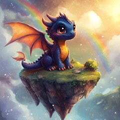 Sticker - A cute dragon resting on a floating island with a rainbow backdrop.