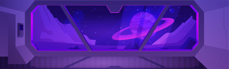 Vector illustration of a cabin with a window overlooking the planet Jupiter for a game