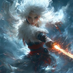 Wall Mural - A fierce warrior with a glowing sword amidst swirling energy.