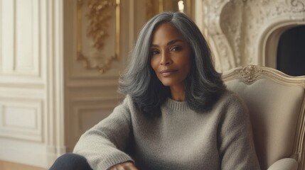 Elegant Senior Woman with Gray Hair in Luxurious Interior