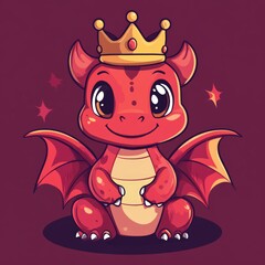 Wall Mural - A cute red dragon wearing a crown, smiling joyfully.