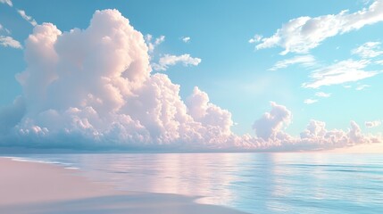 Poster - Visualize a dreamy beach scene with a sky filled with large, billowy clouds and a calm, clear ocean, inviting relaxation and providing a serene escape from daily life