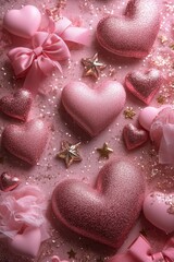 Sticker - A decorative arrangement of pink hearts and stars on a sparkly background.