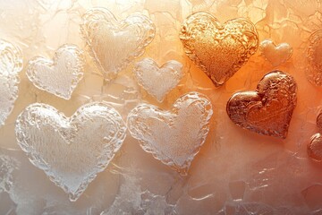 Wall Mural - A decorative display of ice and amber hearts on a textured background.