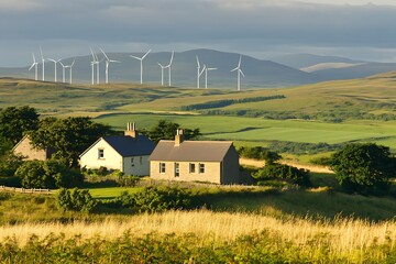 Wall Mural - Rural Idyll Stone Cottages and Wind Turbines in a Rolling Green Landscape.