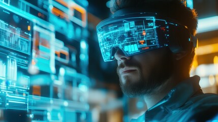 Engineer performing detailed quality evaluation using augmented reality glasses, holographic data and standards floating in front, vibrant blue tones, cyberpunk style.