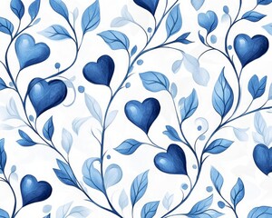 Poster - A decorative pattern featuring blue hearts and leaves on a white background.