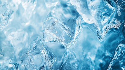 Close-up of shimmering ice cubes reflecting light in a cool blue background during daylight