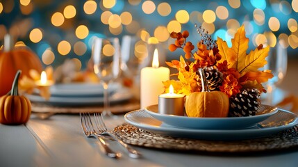 Autumnal Table Setting with Pumpkins  Candles  and Fall Foliage