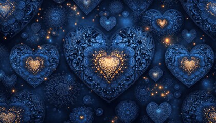 Wall Mural - A decorative pattern of intricate blue hearts with glowing accents.