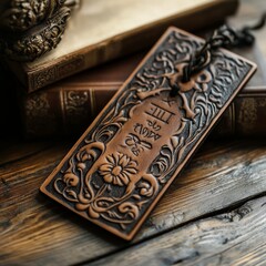 Poster - A decorative wooden plaque with intricate carvings and inscriptions.