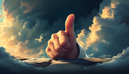 Elegant illustration of a dim internet icon with a thumbs down against a cloudy backdrop, depicting poor signal in a cute fantasy graphic design style.