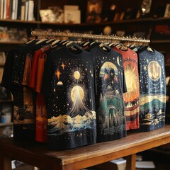 Sticker - A display of artistic t-shirts featuring cosmic and nature designs.