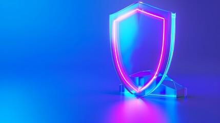 Wall Mural - A vibrant neon shield on a blue background, symbolizing protection and security in a modern aesthetic.