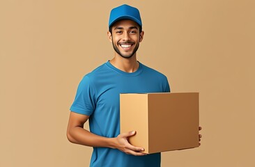 A smiling courier in a blue uniform with a brown box in his hands. Carefully and accurately delivered. Advertising delivery service	