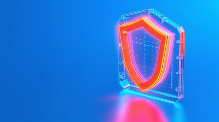 Sticker - A vibrant neon shield symbolizing protection and security in a digital world, set against a cool blue background.