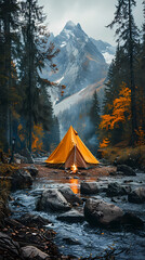 camping tent in the forest.summer camp with bonfire, tent, backpack . landscape with mountain, fores