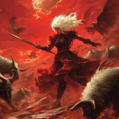 Canvas Print - A fierce warrior stands amidst a chaotic, fiery landscape.