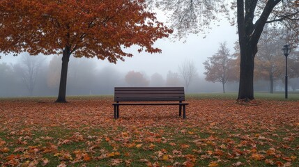 Wall Mural - Capture a solitary park bench surrounded by fallen autumn leaves, under a misty, gray sky, evoking a sense of quiet solitude in the fall season.