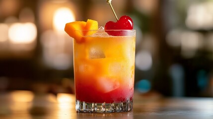 Capture the essence of a tropical zombie cocktail, with its layers of rum and fruit juices, garnished with exotic fruits and a cherry.