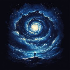 Poster - A figure gazes at a swirling galaxy in a cosmic landscape.